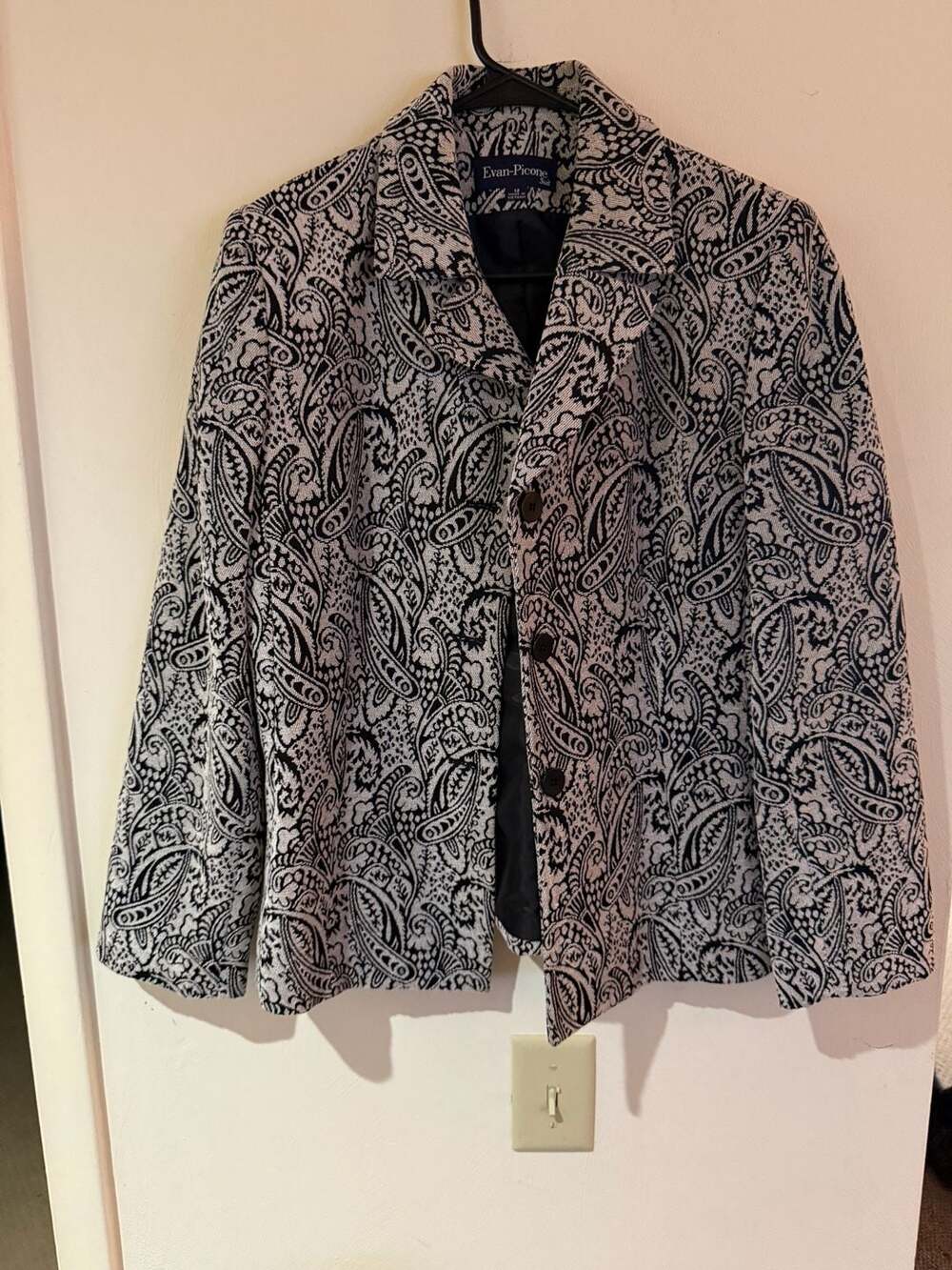Evan-Picone Suit Jacket Size 12 Black And White Paisley Jacquard Blazer